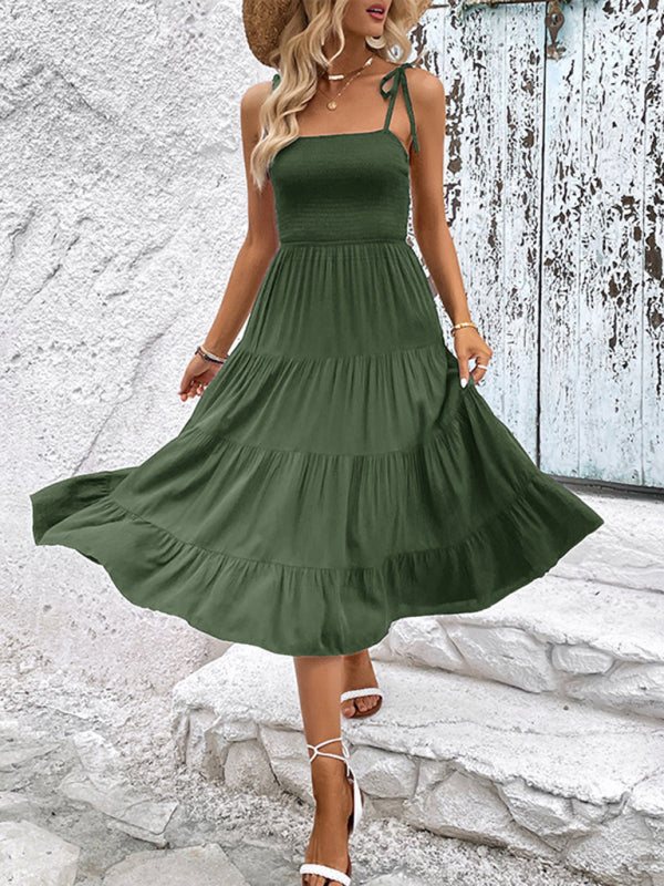Midi Dresses- Casual Elegance: Shoulder-tie Tiered Cami Dress with Shirred Bodice- Green- Pekosa Women Clothing