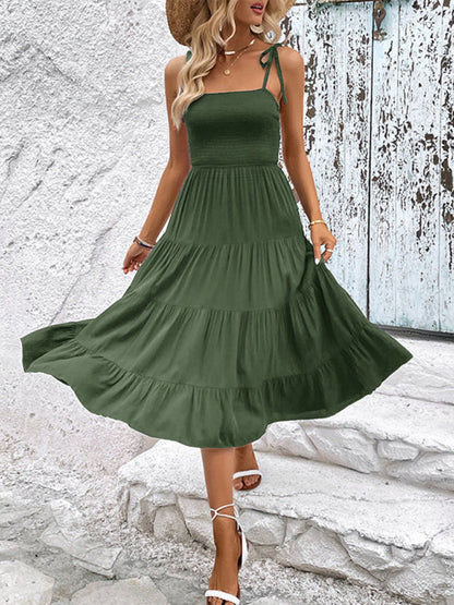 Midi Dresses- Casual Elegance: Shoulder-tie Tiered Cami Dress with Shirred Bodice- Green- Pekosa Women Clothing