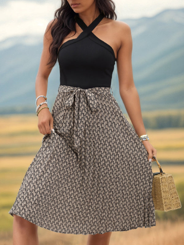 Midi Dresses- Color Block Halter Sleeveless A-Line Midi Dress with Belted Waist- Khaki- Pekosa Women Fashion