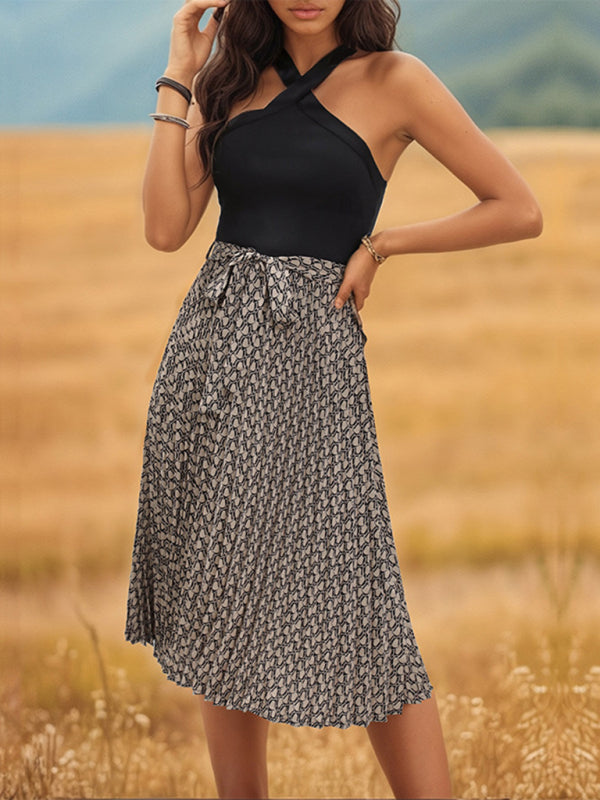 Midi Dresses- Color Block Halter Sleeveless A-Line Midi Dress with Belted Waist- - Pekosa Women Fashion
