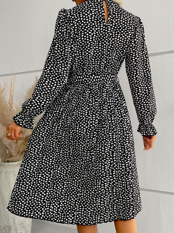 Midi Dresses- Dotty Autumn Long Sleeve Belted Dress- - Pekosa Women Clothing