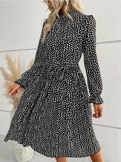 Midi Dresses- Dotty Autumn Long Sleeve Belted Dress- - Pekosa Women Clothing
