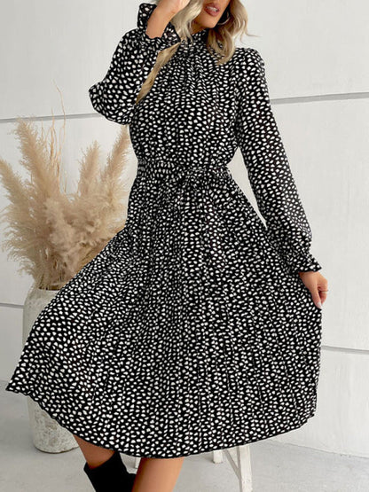 Midi Dresses- Dotty Autumn Long Sleeve Belted Dress- - Pekosa Women Clothing