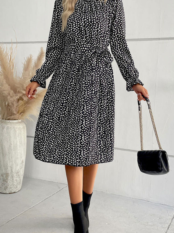 Midi Dresses- Dotty Autumn Long Sleeve Belted Dress- - Pekosa Women Clothing