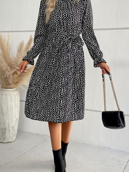 Midi Dresses- Dotty Autumn Long Sleeve Belted Dress- - Pekosa Women Clothing
