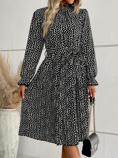 Midi Dresses- Dotty Autumn Long Sleeve Belted Dress- - Pekosa Women Clothing