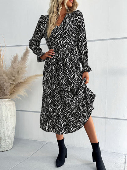 Midi Dresses- Dotty Print Elastic Waist Long Sleeve Ruffle Dress- Black- Pekosa Women Clothing