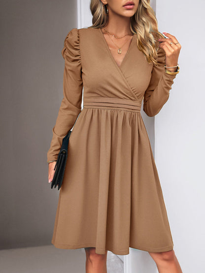 Midi Dresses- Elegant Solid A-line Surplice V-Neck Puff Long sleeve Midi Dress- - Pekosa Women Clothing