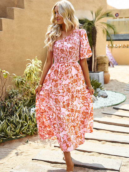 Midi Dresses- Floral Boho One Shoulder Tiered Smocked Midi Dress With Puff Sleeves- - Pekosa Women Clothing