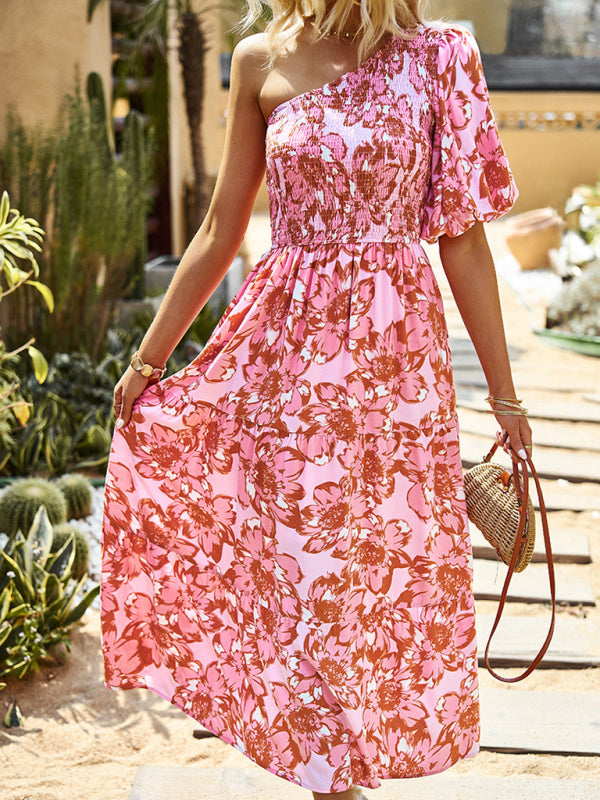 Midi Dresses- Floral Boho One Shoulder Tiered Smocked Midi Dress With Puff Sleeves- - Pekosa Women Clothing