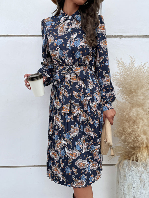 Midi Dresses- Graceful Charm: Women's Long Sleeves Belted Pleated Shirt Midi Dress- - Pekosa Women Clothing