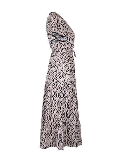 Midi Dresses- Leopard Print Maxi Midi Dress: Tiered Adjustable Waist-Tie Dresses- - Pekosa Women Clothing