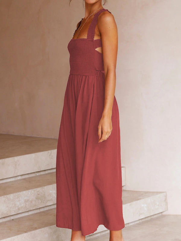 Midi Dresses- Solid A-Line Midi Dress with Backless Smocked Bodice and Bowknot- - Pekosa Women Fashion