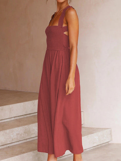 Midi Dresses- Solid A-Line Midi Dress with Backless Smocked Bodice and Bowknot- - Pekosa Women Fashion