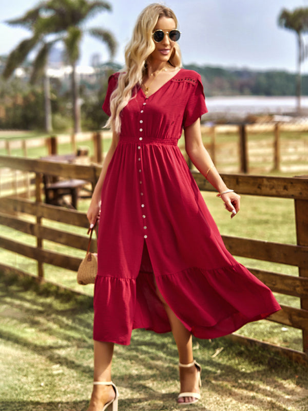 Midi Dresses- Solid Smocked Waist Midi Dress with Short Sleeves & Pockets- - Pekosa Women Clothing