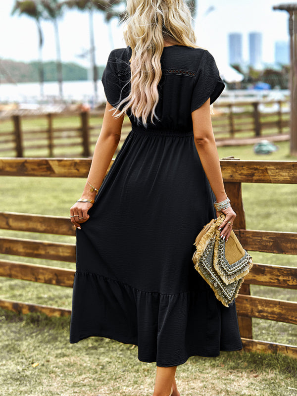 Midi Dresses- Solid Smocked Waist Midi Dress with Short Sleeves & Pockets- - Pekosa Women Clothing