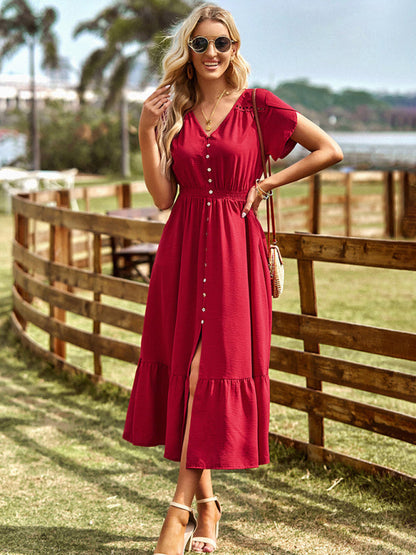 Midi Dresses- Solid Smocked Waist Midi Dress with Short Sleeves & Pockets- - Pekosa Women Clothing
