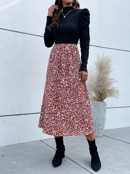 Midi Dresses- Two Tone Abstract Print Long Sleeve Dress- - Pekosa Women Clothing