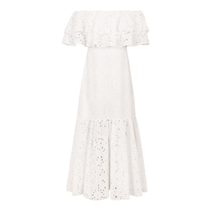 Midi Dresses- Women's Embroidered Cotton Eyelet Midi Dress with Flowy Ruffles- - Pekosa Women Clothing