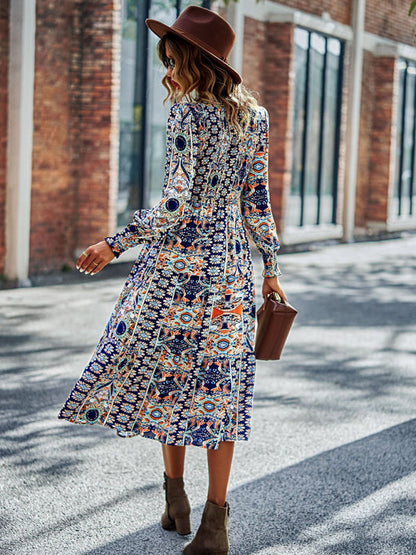 Midi Dresses- Women's Floral Tiered Midi Dress with Shirred Bodice & Long Sleeves- - Pekosa Women Clothing