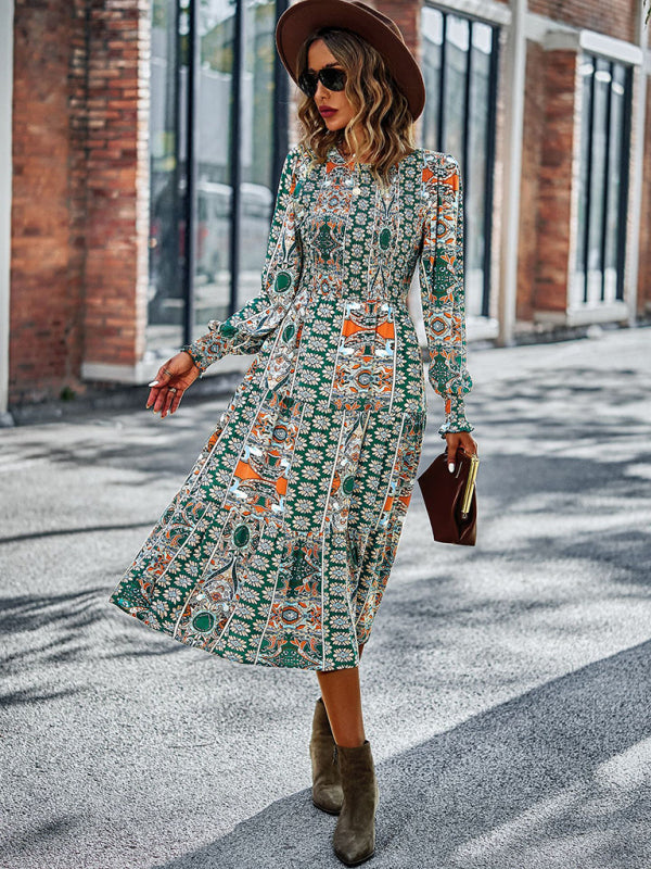 Midi Dresses- Women's Floral Tiered Midi Dress with Shirred Bodice & Long Sleeves- - Pekosa Women Clothing