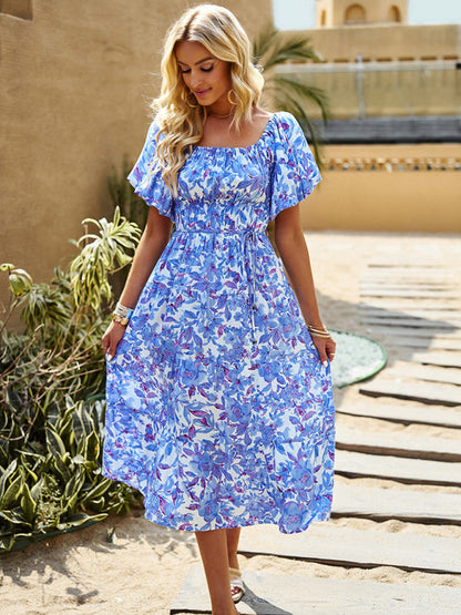 Midi Dresses- Women's Tiered Off Shoulder Midi Dress With Pockets & Waist Tie- Blue- Pekosa Women Clothing