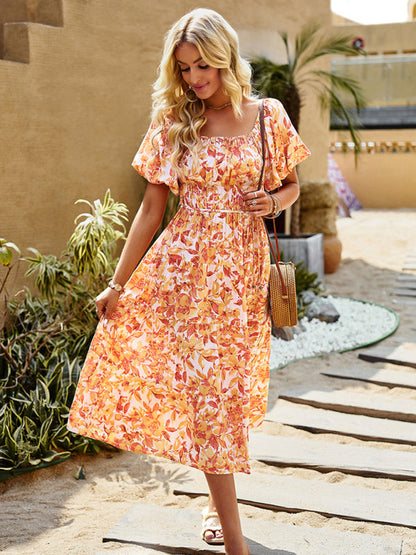 Midi Dresses- Women's Tiered Off Shoulder Midi Dress With Pockets & Waist Tie- Yellow- Pekosa Women Clothing