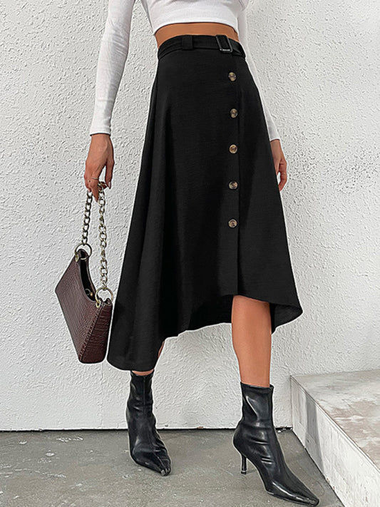 Midi Skirts- Button-Down Asymmetric A-Line Belted Mid-Length Skirt- Black- Pekosa Women Clothing