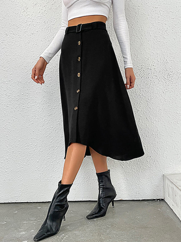 Midi Skirts- Button-Down Asymmetric A-Line Belted Mid-Length Skirt- - Pekosa Women Clothing