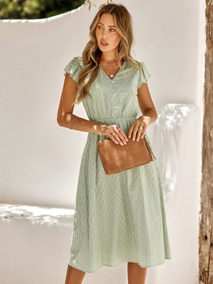 Midi dress- Ageless Beauty Midi Dress: Solid Color, High Waist- Green- Pekosa Women Clothing