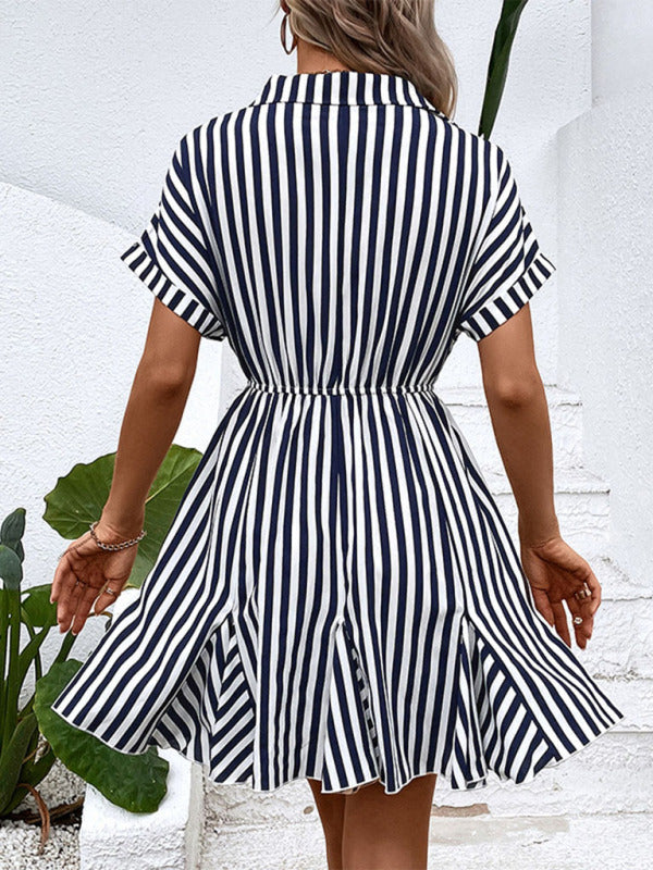 Mini Dresses- All-Season Staple: Women's Stripe V-Neck Dress for Every Occasion- - Pekosa Women Clothing