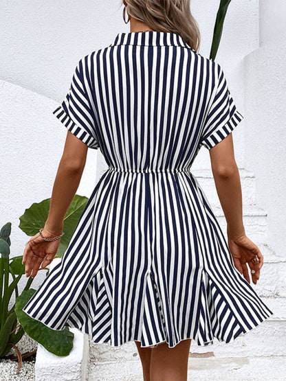 Mini Dresses- All-Season Staple: Women's Stripe V-Neck Dress for Every Occasion- - Pekosa Women Clothing