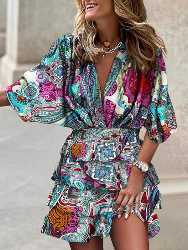Mini Dresses- Captivating Charm: Women's V Neck Mini Dress with Ruffle Layered Skirt- Suit 6- Pekosa Women Clothing