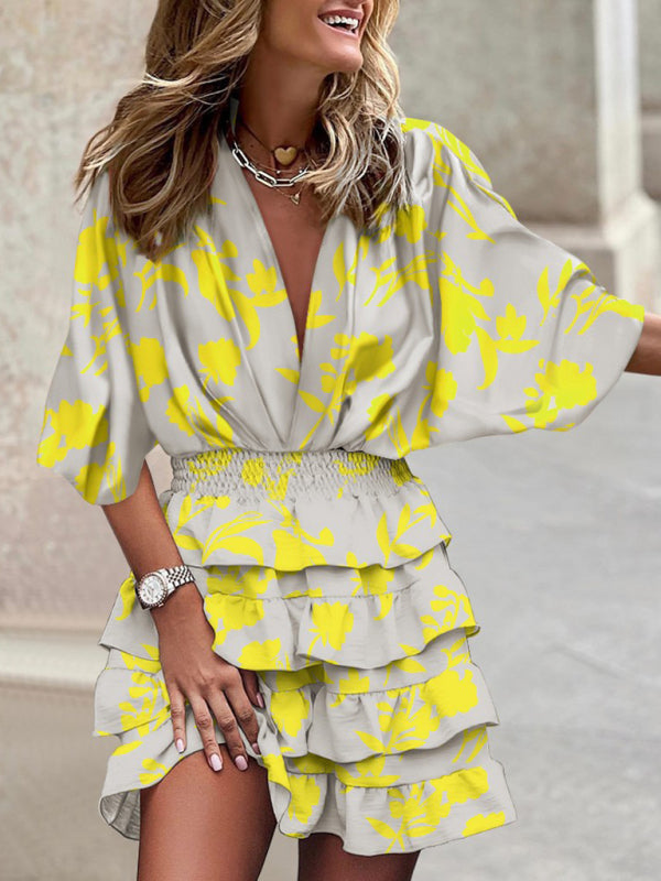 Mini Dresses- Captivating Charm: Women's V Neck Mini Dress with Ruffle Layered Skirt- - Pekosa Women Clothing
