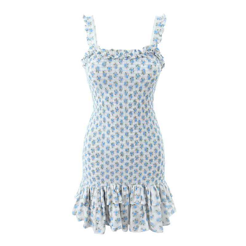 Mini Dresses- Charming Floral Cami Dress: Slim Fit, Backless Elastic Smocked Body- Blue- Pekosa Women Clothing