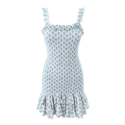 Mini Dresses- Charming Floral Cami Dress: Slim Fit, Backless Elastic Smocked Body- Blue- Pekosa Women Clothing