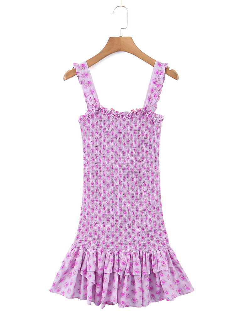 Mini Dresses- Charming Floral Cami Dress: Slim Fit, Backless Elastic Smocked Body- - Pekosa Women Clothing