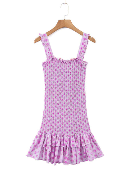 Mini Dresses- Charming Floral Cami Dress: Slim Fit, Backless Elastic Smocked Body- - Pekosa Women Clothing