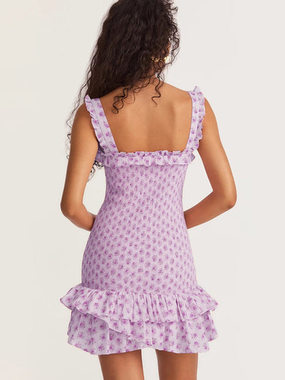 Mini Dresses- Charming Floral Cami Dress: Slim Fit, Backless Elastic Smocked Body- - Pekosa Women Clothing