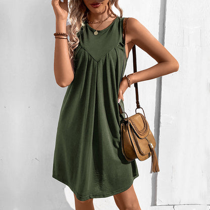 Mini Dresses- Chic and Confident: Pleated Round Neck Dress, Perfect for Any Occasion- Olive green- Pekosa Women Clothing