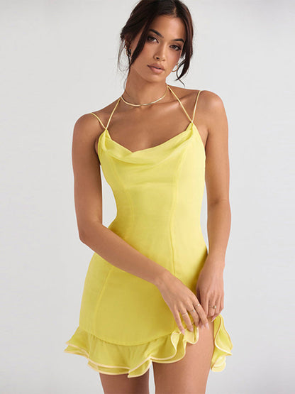 Mini Dresses- Elegant Cowl Neck Mini Dress with Ruffle Hem- Yellow- Pekosa Women Clothing