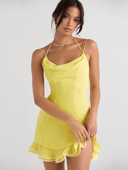 Mini Dresses- Elegant Cowl Neck Mini Dress with Ruffle Hem- Yellow- Pekosa Women Clothing