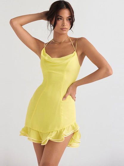 Mini Dresses- Elegant Cowl Neck Mini Dress with Ruffle Hem- - Pekosa Women Clothing