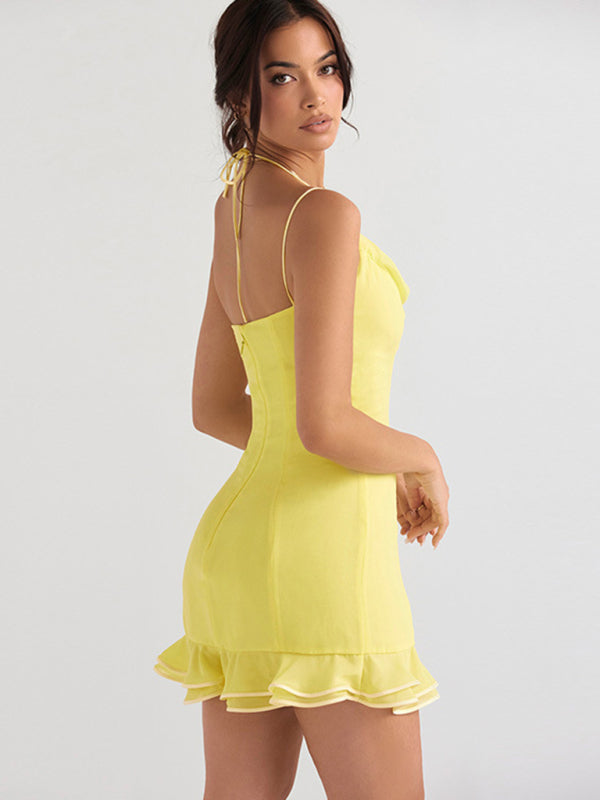 Mini Dresses- Elegant Cowl Neck Mini Dress with Ruffle Hem- - Pekosa Women Clothing
