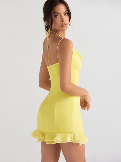 Mini Dresses- Elegant Cowl Neck Mini Dress with Ruffle Hem- - Pekosa Women Clothing