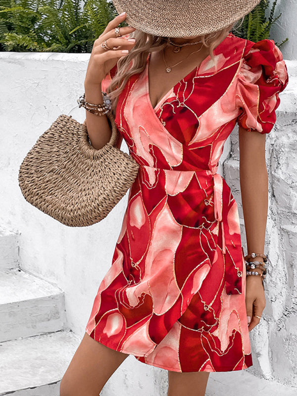 Mini Dresses- Fashionable Women's Vacay Robe Mini Dress: A-line Wrap Belt Tie- - Pekosa Women Clothing
