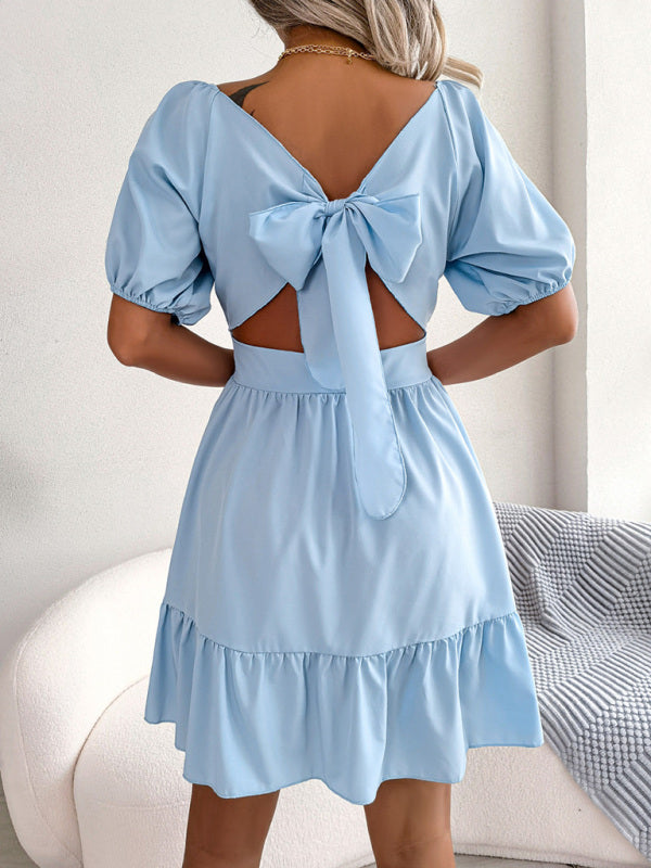 Mini Dresses- Flirty Square Neck Ruffle Backless Mini Dress: Casual Elegance- - Pekosa Women Clothing