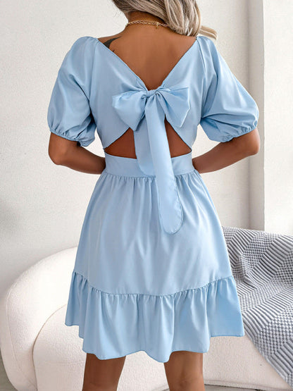 Mini Dresses- Flirty Square Neck Ruffle Backless Mini Dress: Casual Elegance- - Pekosa Women Clothing