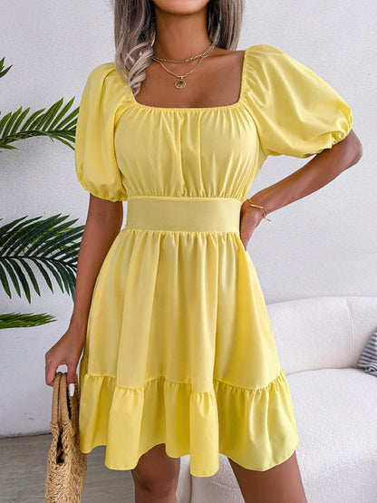 Mini Dresses- Flirty Square Neck Ruffle Backless Mini Dress: Casual Elegance- - Pekosa Women Clothing