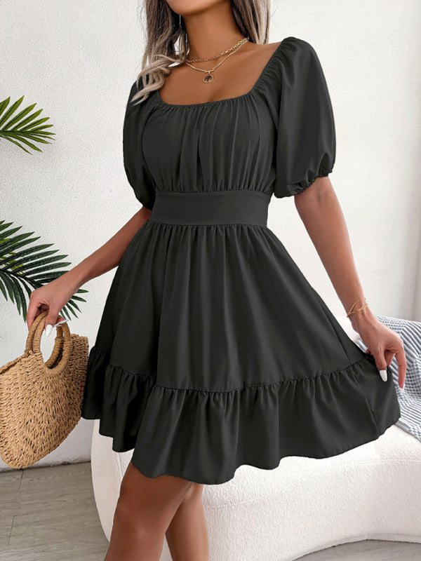 Mini Dresses- Flirty Square Neck Ruffle Backless Mini Dress: Casual Elegance- - Pekosa Women Clothing